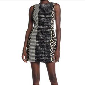 ALICE + OLIVIA Clyde Leopard Houndstooth Tweed Wool Blend Black and White Dress